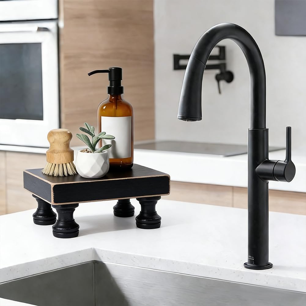 Decorative Pedestal Stand Soap Dispenser Tray Retro Wooden / Black / 7.8 x 5.4