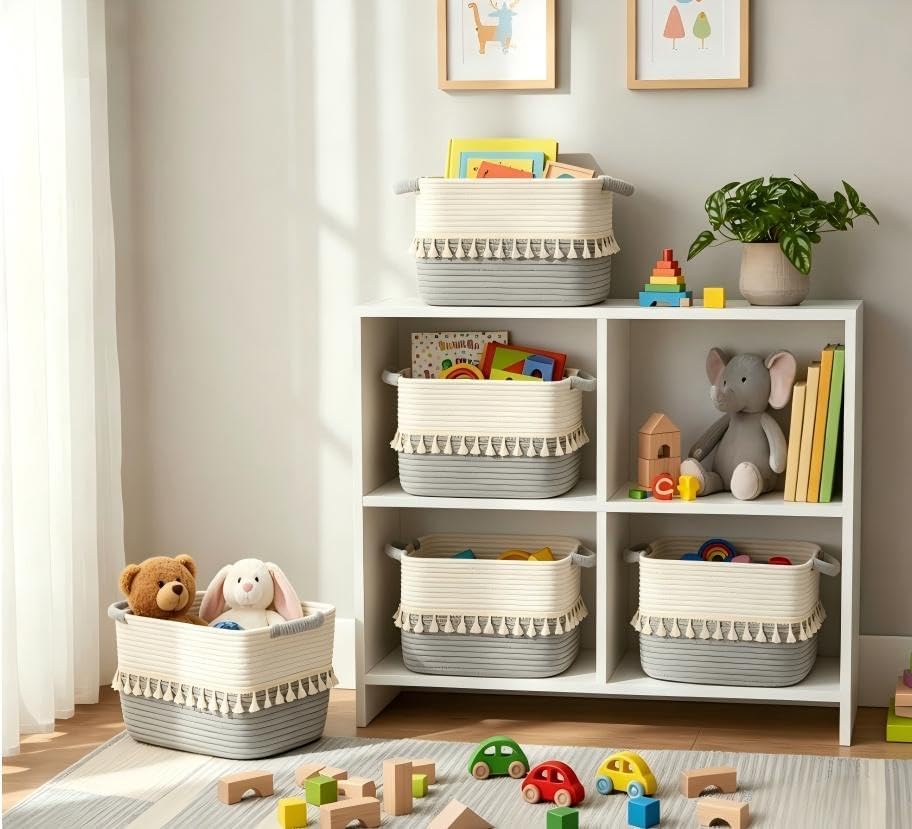 Decorative Basket / Cotton Rope Baskets for Toy / White & Dark Grey / Set of 3