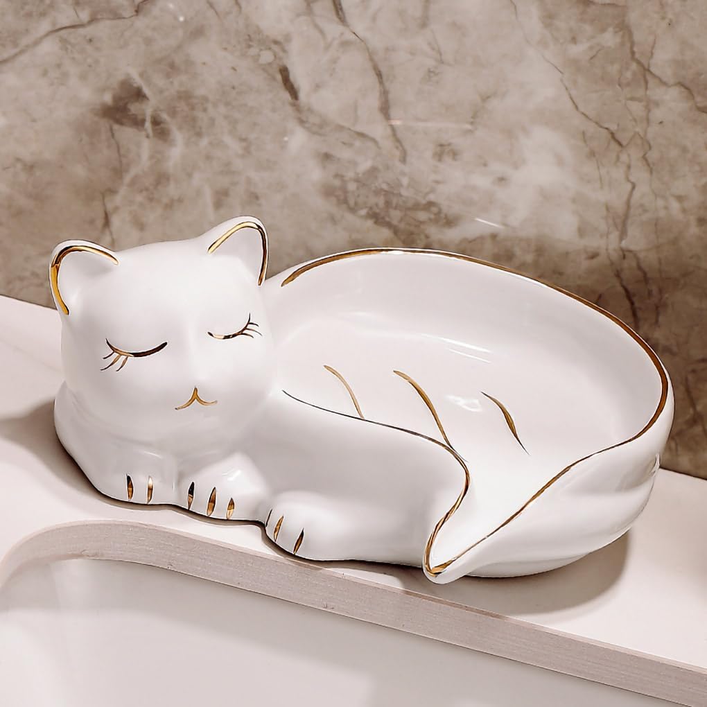 Creative Cat Soap Holder Ceramic Soap Dish Self Draining Soap Holder Decorative Soap Dish / White