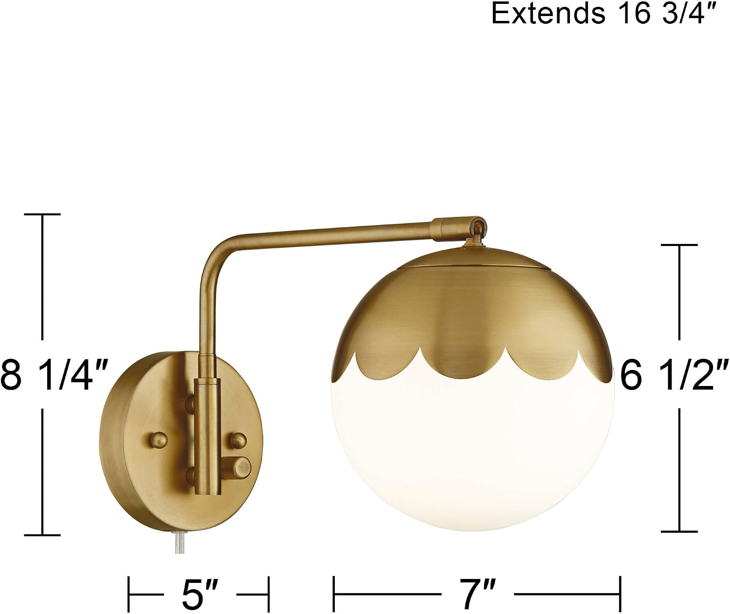 Camila 8 1/4" Brass and Glass Globe Plug-In Modern Wall Lamp Light Fixture | Indoor Swing Arm Antique Metal Dimmable