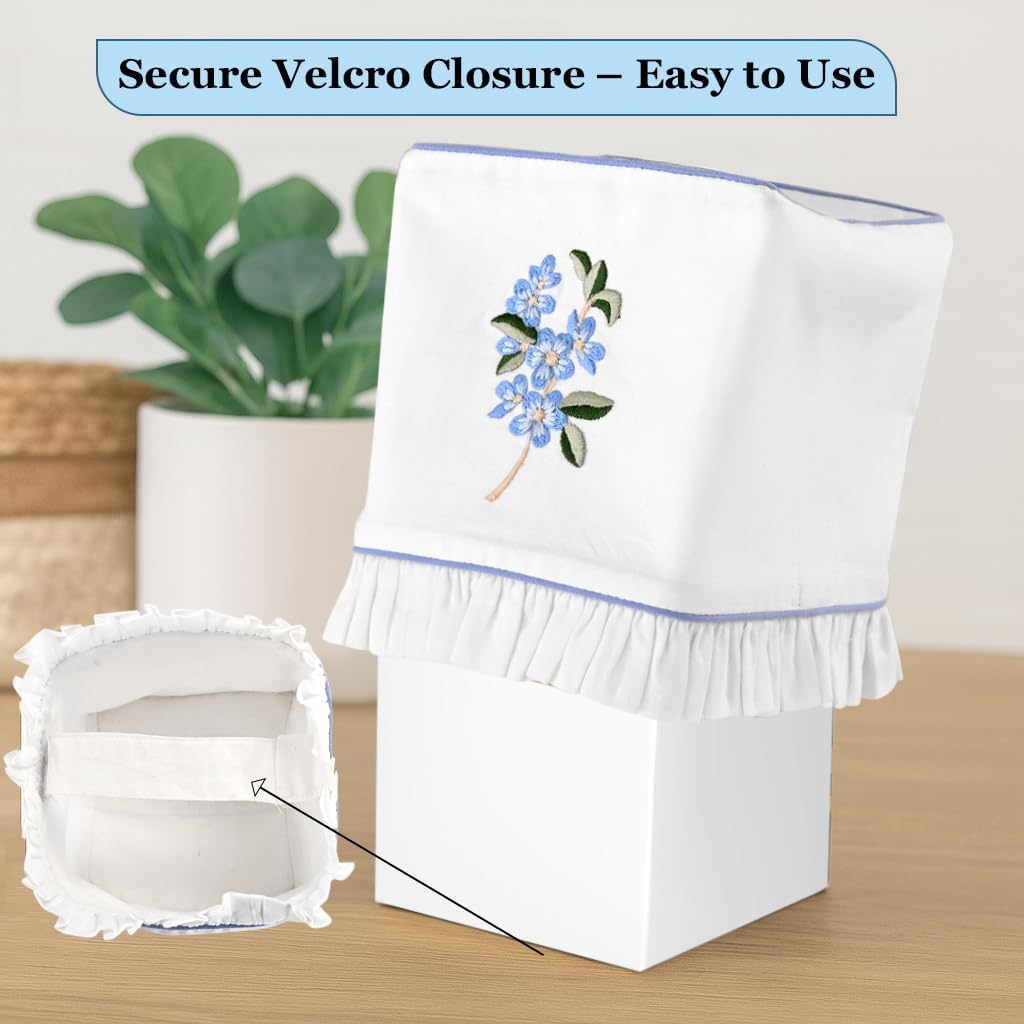 Embroidered White Cotton Tissue Box Cover / Blue Floral