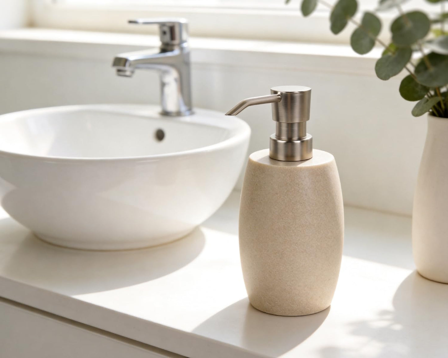 Clasin Home Sandstone Textured Resin Soap Dispenser with Metallic Pump and Waterproof Bottle Labels for Bathroom