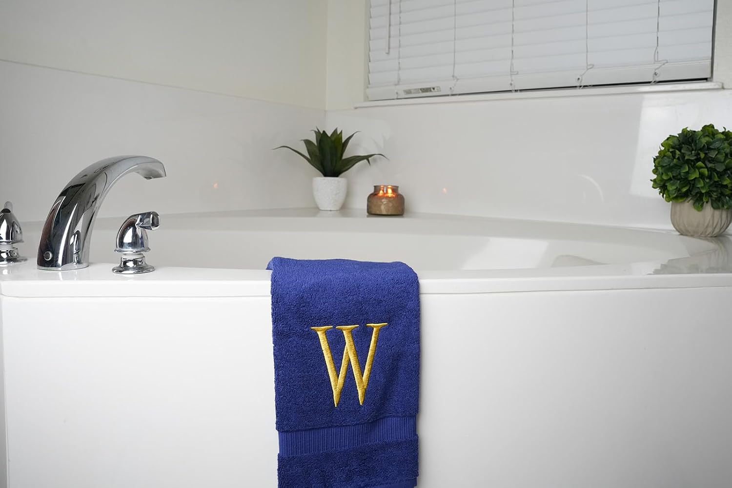 Navy with Gold Monogrammed Hand Towels for Bathroom - Set of 2 Letter W | Luxury Hotel Quality Initial Towels For