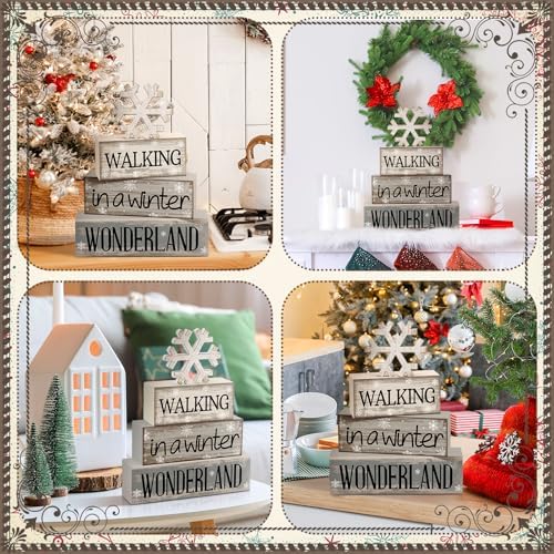 Moucuny 4 Pcs Snowflake Decorations Wooden Block Signs Winter Farmhouse