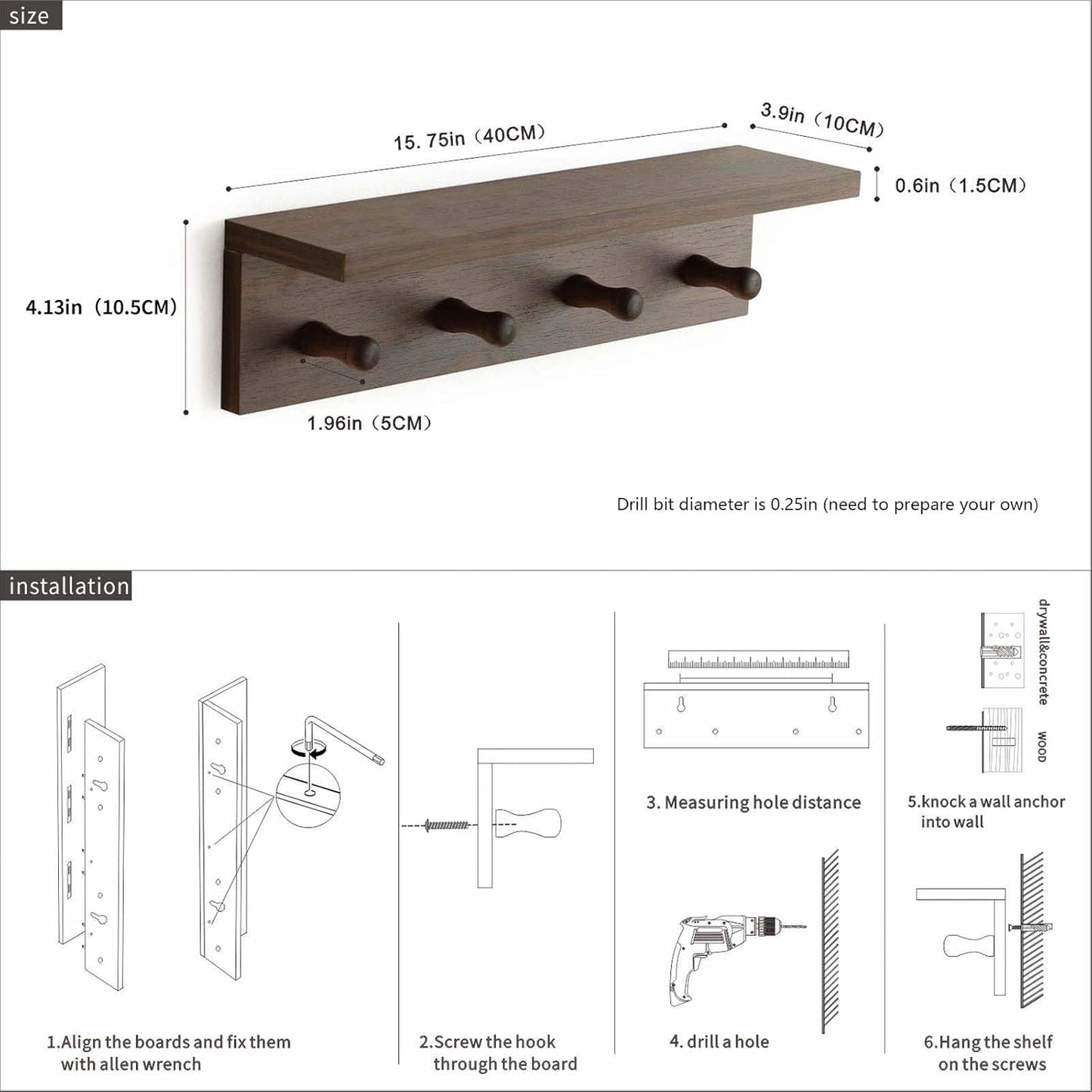 Wall-Mounted Wooden Hook Rack / Walnut Color Finish-a-1