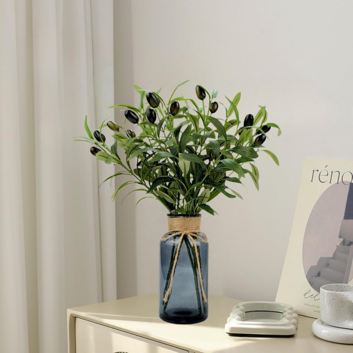 Olive Branches Faux Eucalyptus Stems / Gray Vase