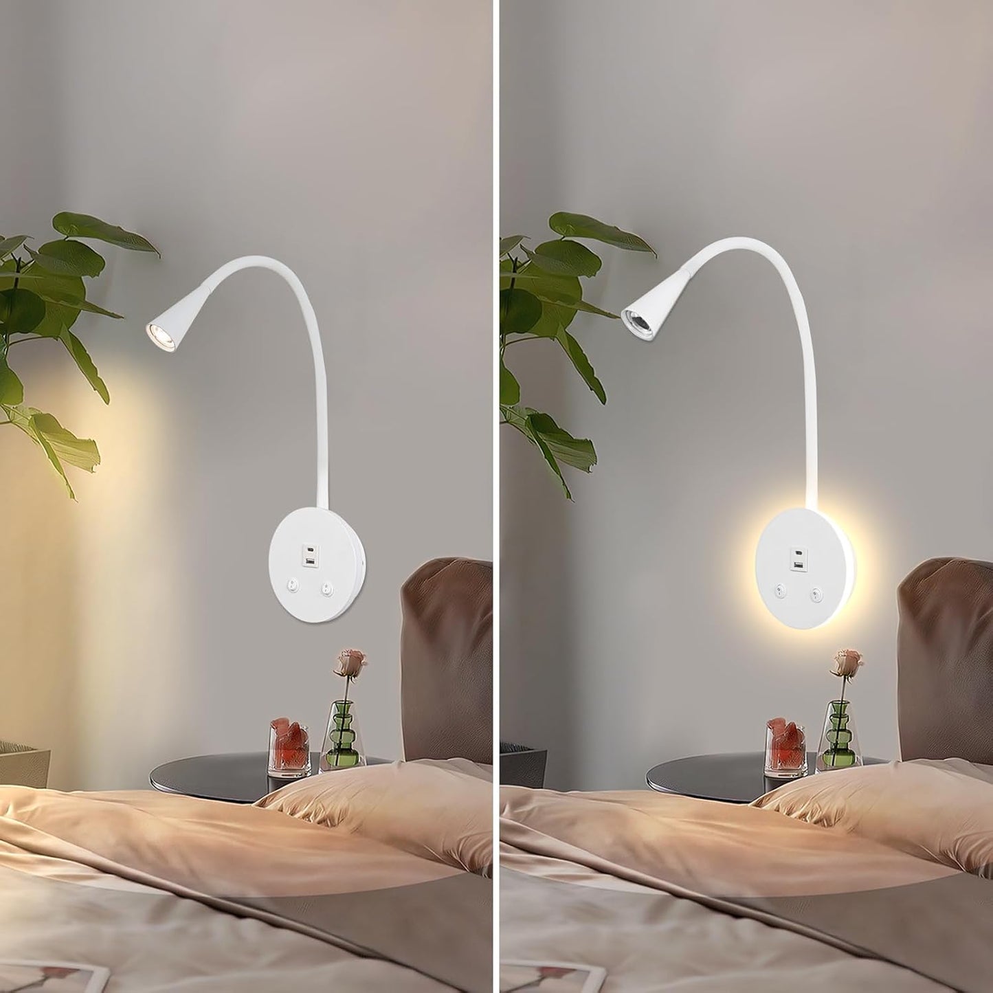 Dimmable LED Wall Reading Lamp - Adjustable Gooseneck Book Light for Bed, USB + Type C Output, 2-in-1 Night Light &