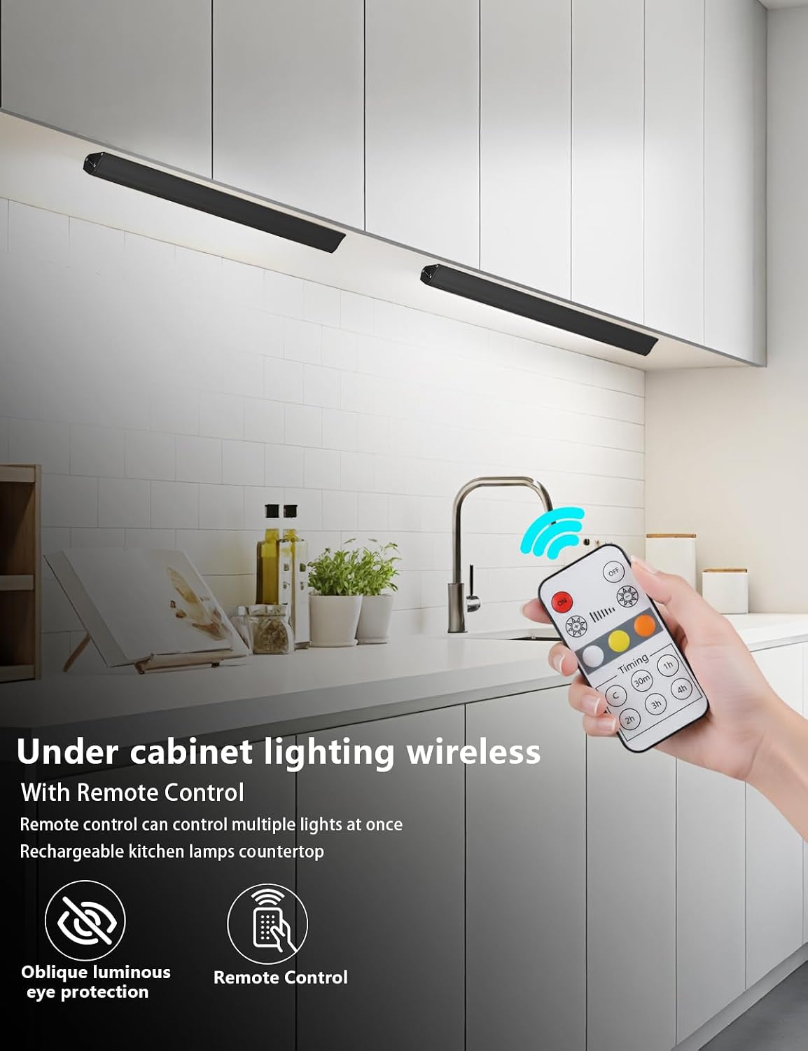 Under Cabinet Lighting Wireless, 2400mAh Rechargeable Cabinet Light, Battery Operated, Magnetic, Stick on, 106 LED