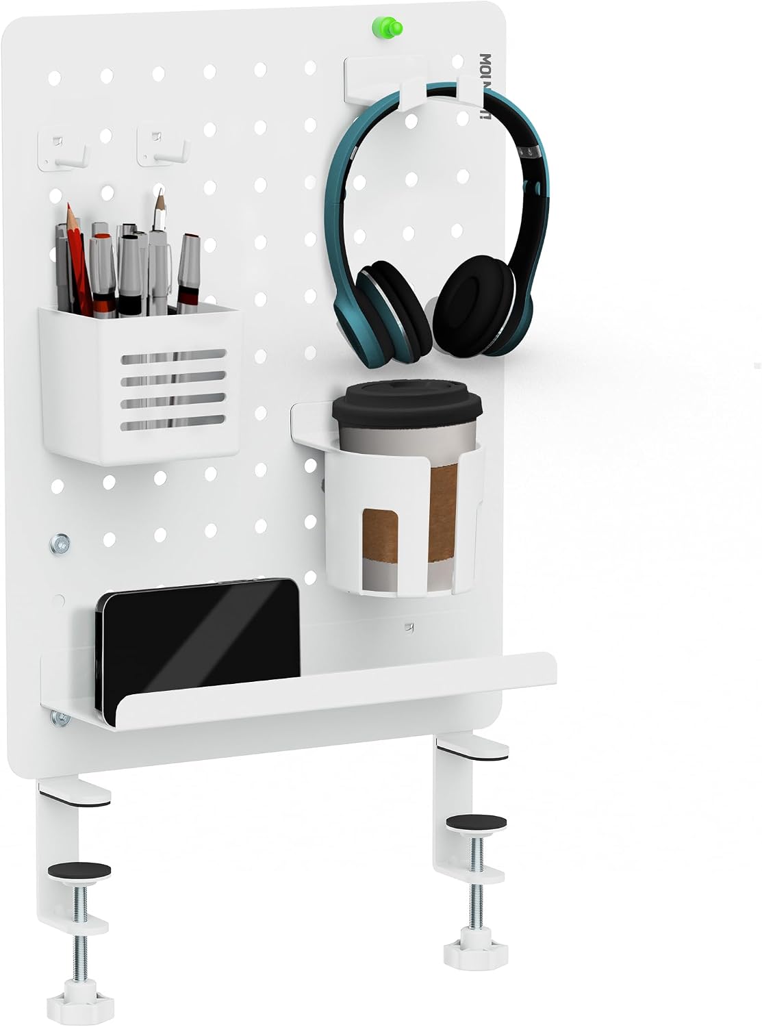 Mount-It! Clamp-On Desk Pegboard Organizer, White | Adaptable desk storage with shelf, cup holder & hooks for home