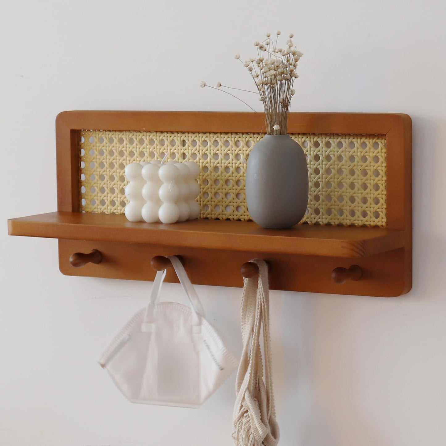 PE Rattan Coat Rack Shelf Wall Mounted with 4 Hooks, Decorative Coat Hook Rack with Floating Shelf for Entryway