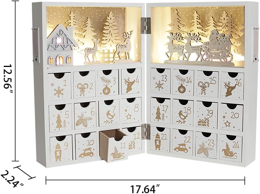 Wooden Christmas Advent Calendar Book with LED-lit Winter Forest Scene - 24 Drawer Countdown with Fine Silver Reindeer