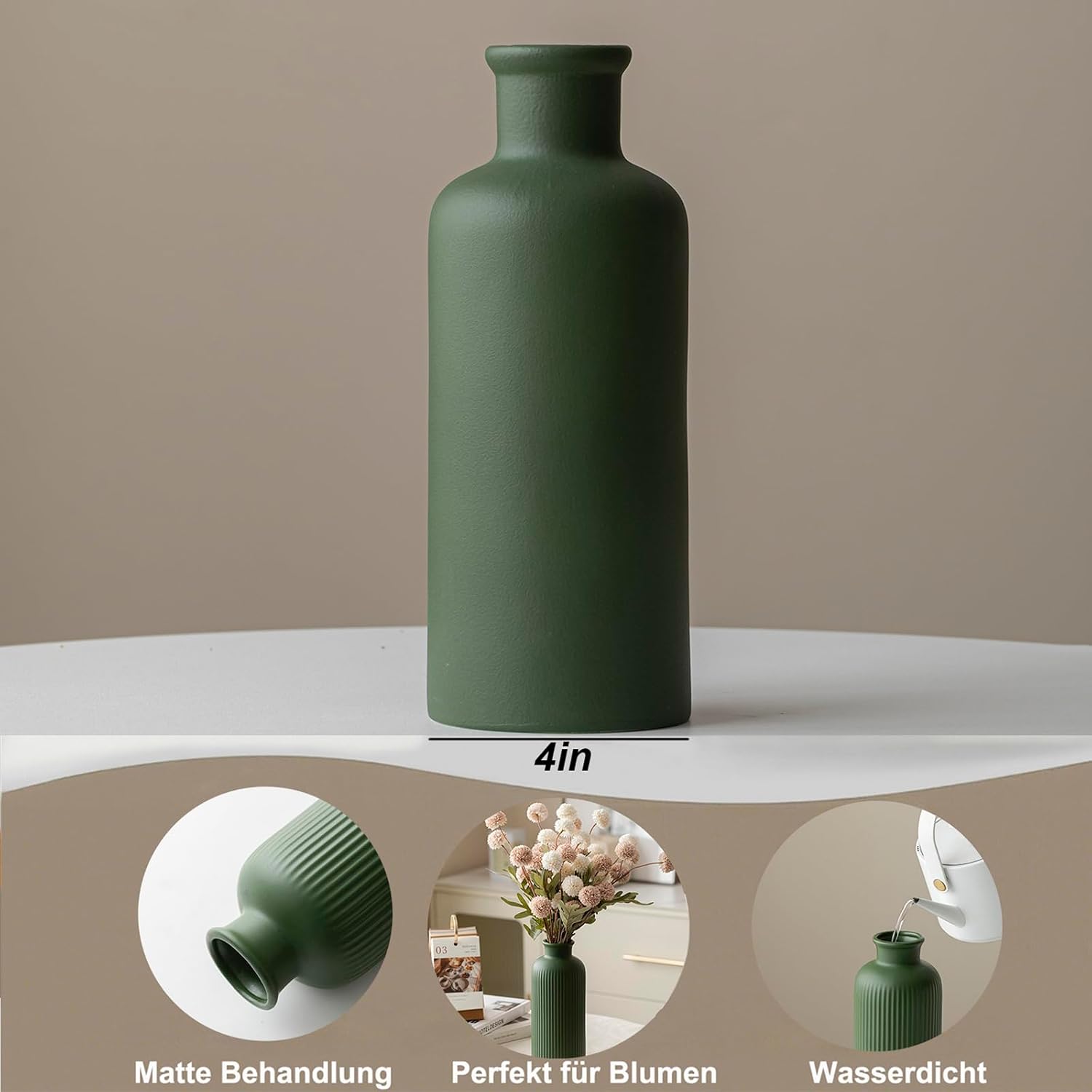 Green Ceramic Vase for Flowers / Mattte Green / 10 Inch