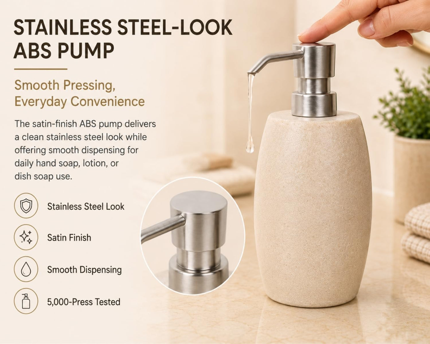 Clasin Home Sandstone Textured Resin Soap Dispenser with Metallic Pump and Waterproof Bottle Labels for Bathroom