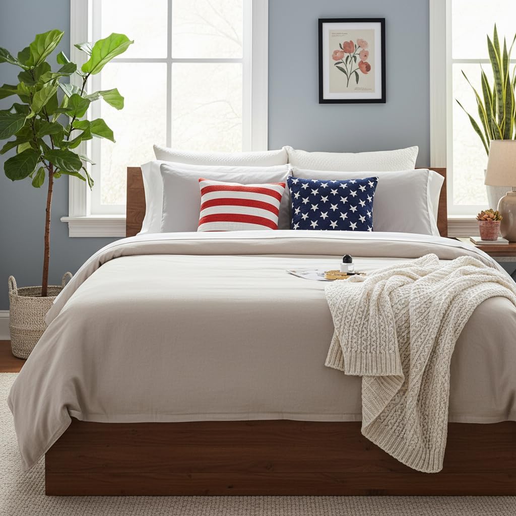 Soft Chenille &White Striped Pillow Cover / Stars and Stripes / 18 x 18 / Red / Set of 2