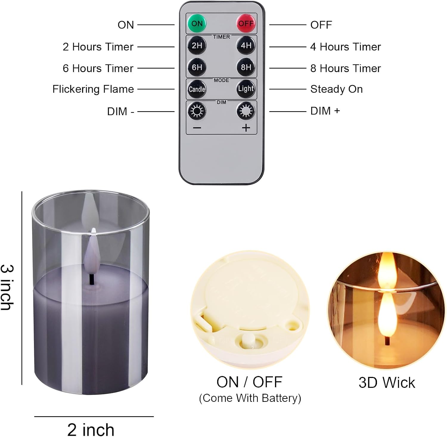 Glass Flameless Votive Candles with Remote, Battery Operated, 6Pack Gray | 2x3" Glass & Real Wax, 2/4/6/8H Timers, 2