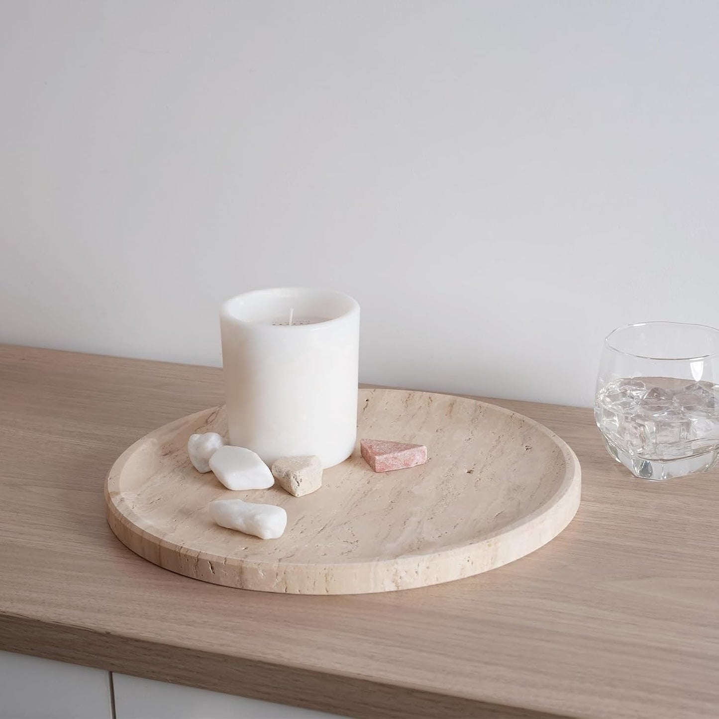 Travertine Tray / Round Serving Tray / Light Beige / 11.8 x 0.8