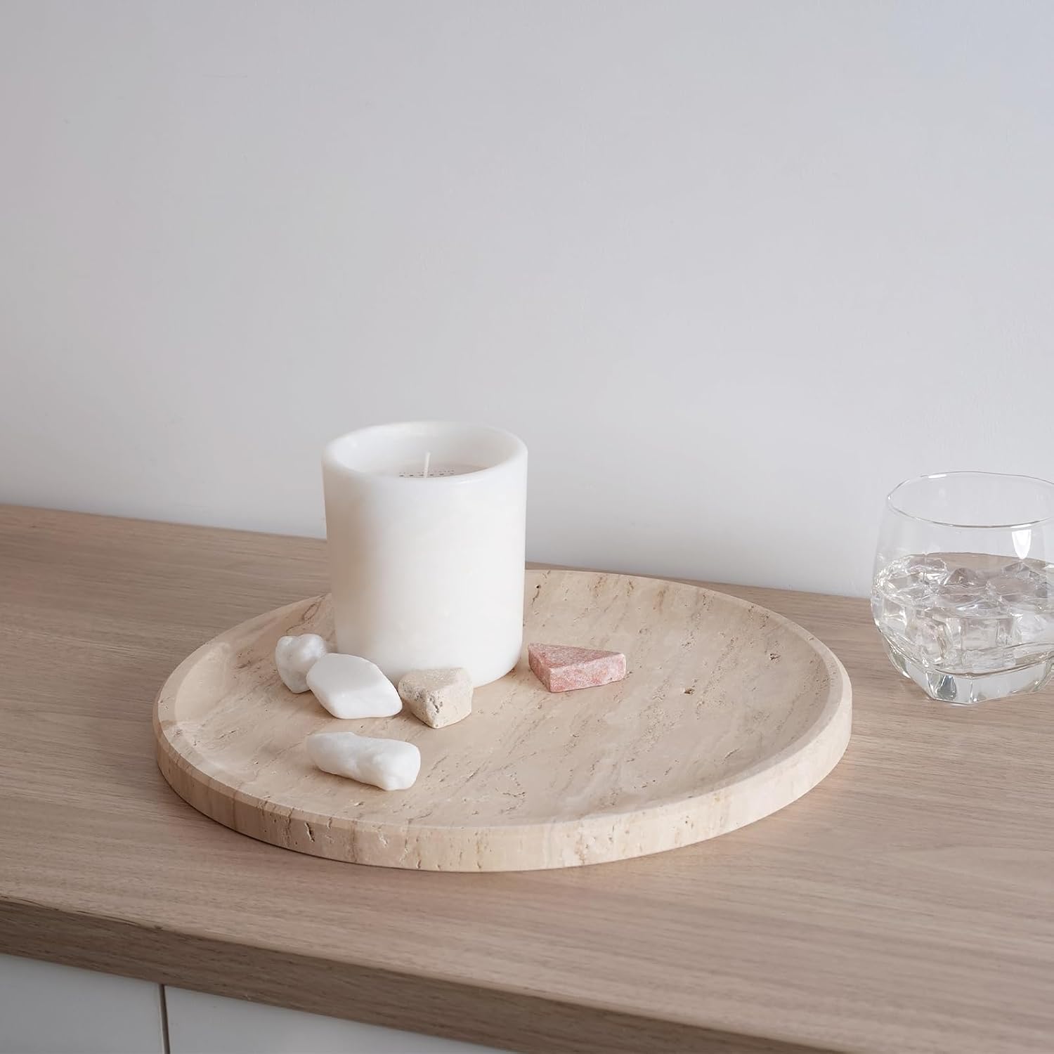 Travertine Tray / Round Serving Tray / Light Beige / 11.8 x 0.8