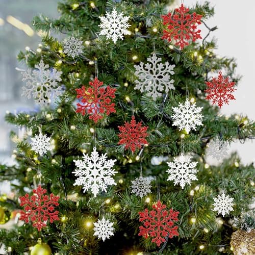 36pcs White Silver and Red Christmas Snowflake Ornaments, Plastic Glitter Hanging Snow Flakes for Christmas Tree Decorations Winter Wonderland Frozen Birthday Party Home Decor Craft Snowflakes