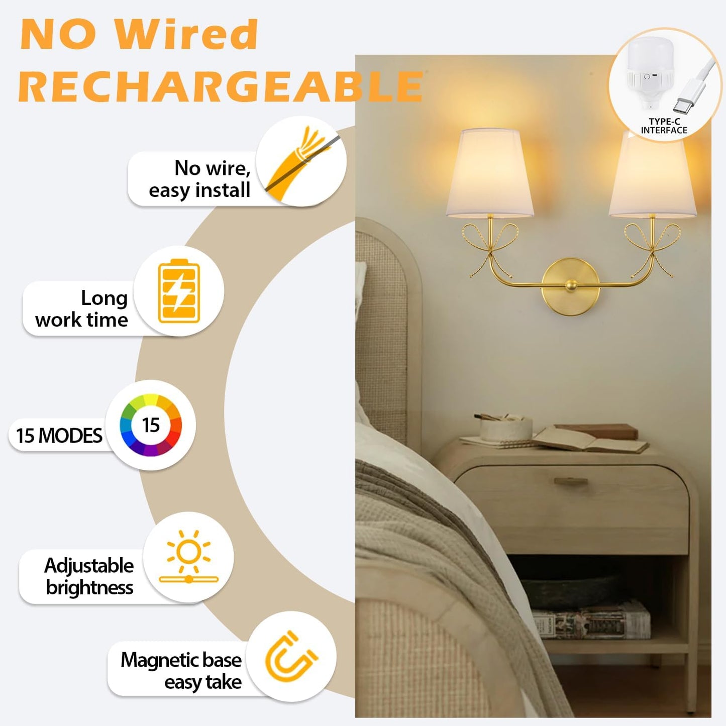 PASSICA DECOR Bow Battery Operated Wall Sconce, Rechargeable Wireless Double Lights with Dimmable Bulbs, 15 Colors and