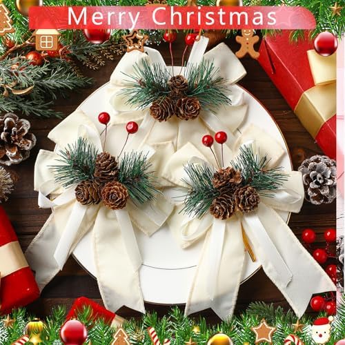 Syhood 6 Pcs Christmas Bows Xmas Velvet Bows Tree Decor, Champagne