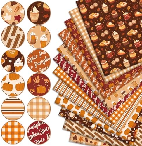 JarThenaAMCS 12Pcs Fall Cotton Fabric Bundles 18 x 22 Inch Maple Leaf Pumpkin Drinks Plaid Fat Quarters Autumn Thanksgiving Sewing Fabrics for DIY Craft Party Decor