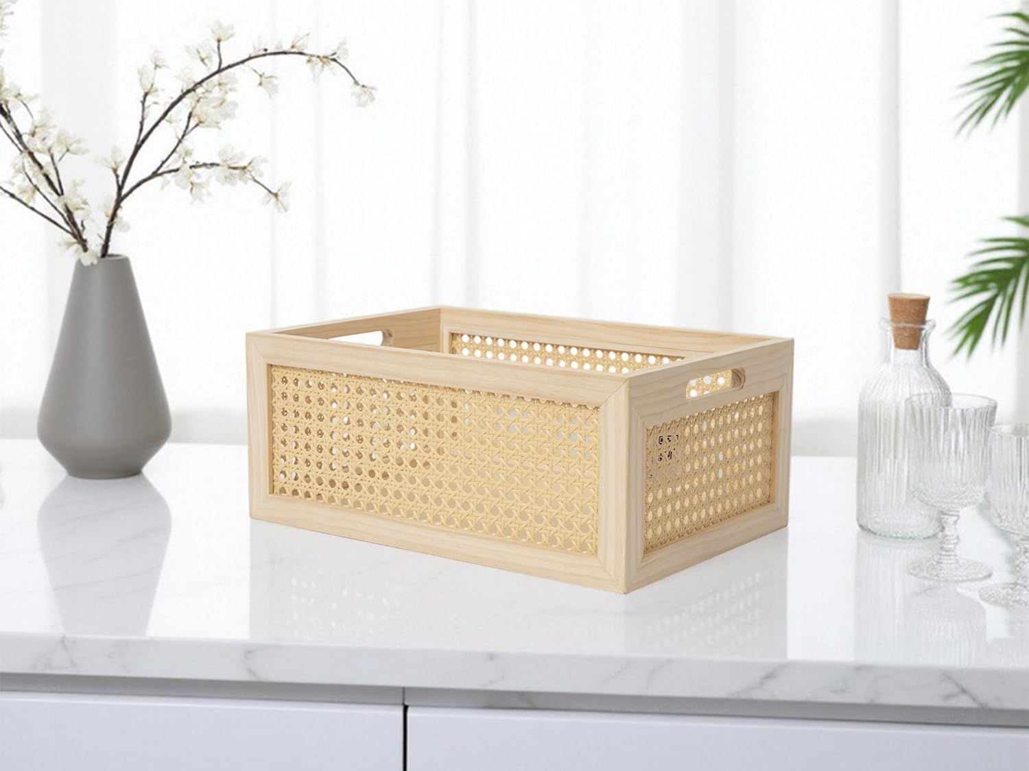 Rattan Storage Basket Wooden Box Wooden Storage Bins Rustic Boho Farmhouse Home Decor / Original