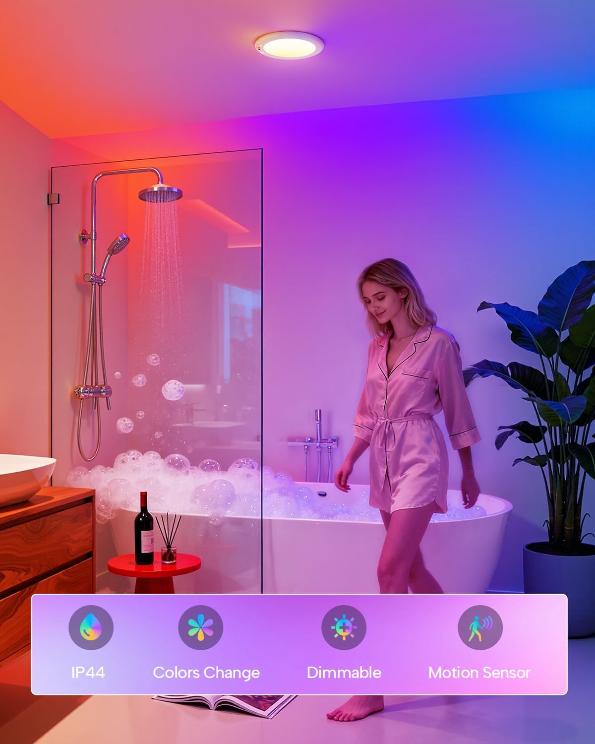 wowatt RGB Rechargeable Shower Lights for Inside Shower Waterproof IP44 | 12 RGB Colors&White Battery Ceiling Lights