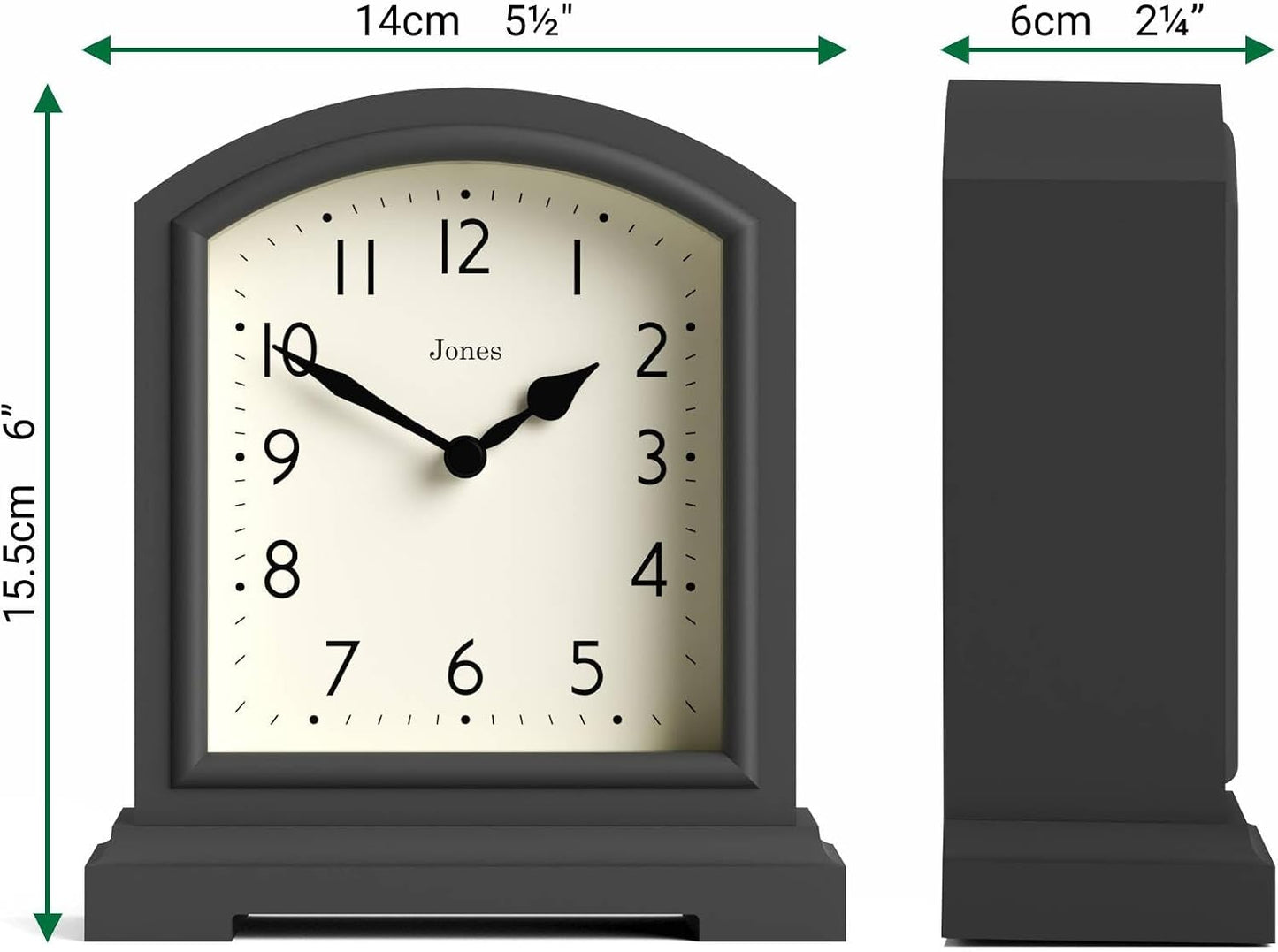 JONES CLOCKS® Tavern Mantel Clock | Modern Arch top Design | Dark Gray | Contemporary Classic Style for Desk, Table