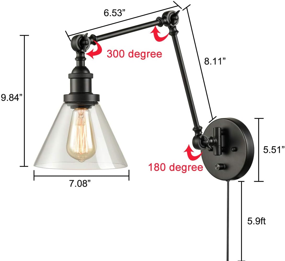 Industrial Swing Arm Plug in Wall Mounted Wall Sconce | Wall Lamp with On/Off Switch for Bedroom Living Room Hallway