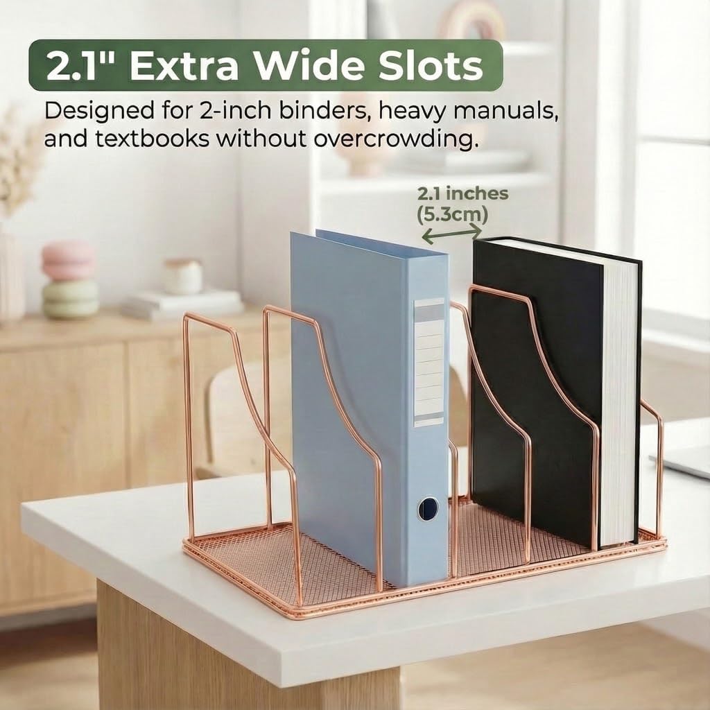 Rose Gold Binder Organizer for Desk, 5 Slot Metal Wire Vertical File Sorter with Mesh Bottom, Desktop Magazine Holder