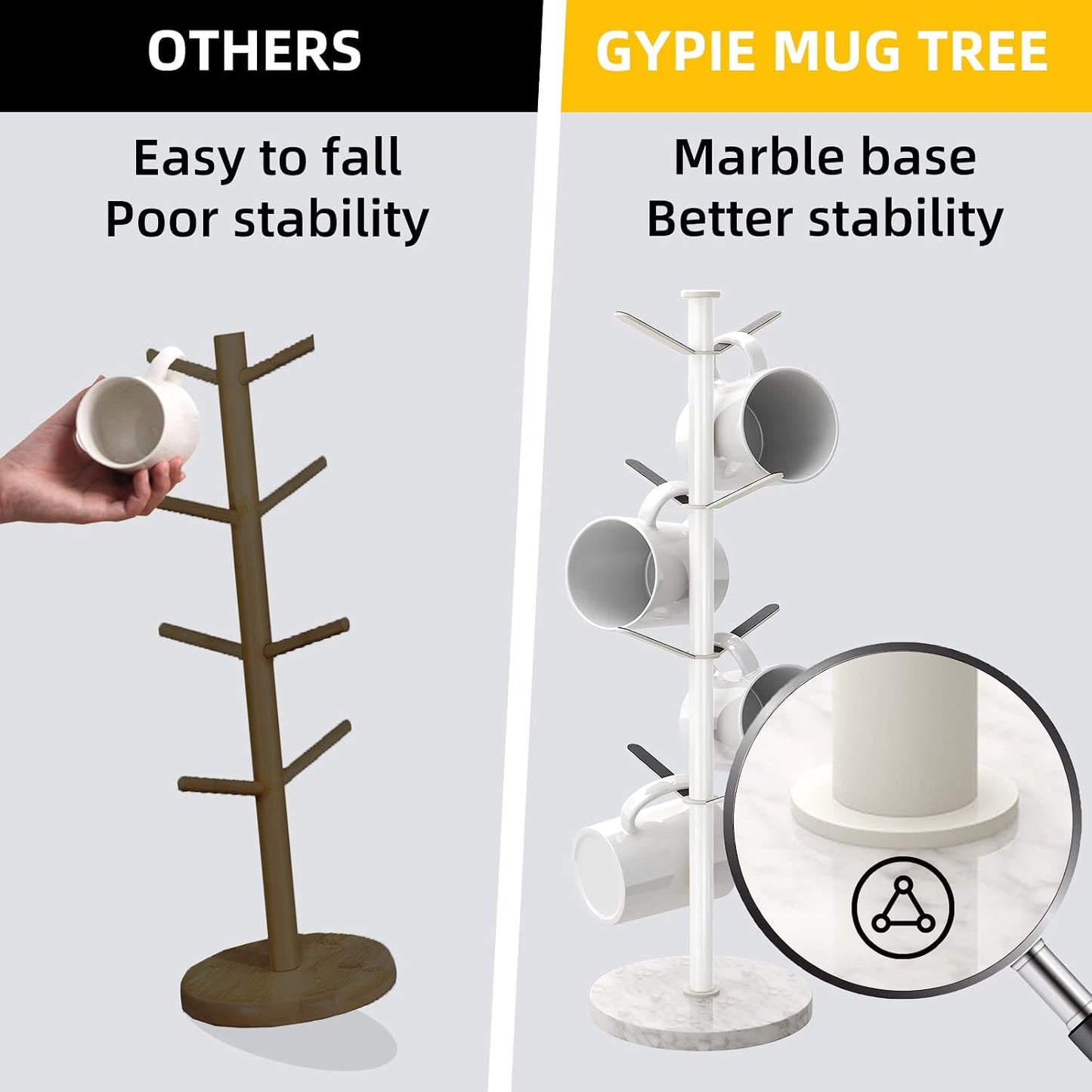 Gypie Mug Holder Tree Stand, Marble 8 Hooks Small Standard Cups, White | Free Standin, Stainless Steel Mug Rack for