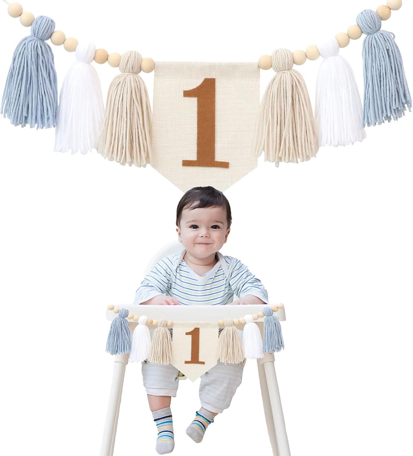 Handmade Boho Blue 1st Birthday High Chair Banner for Baby Boys Wall Hangings Wood / Brown and Blue