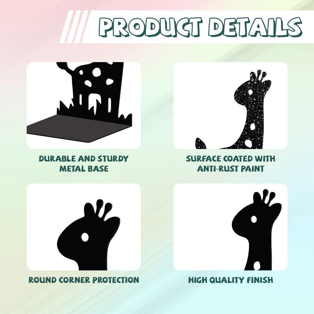 Metal Bookends / Modern Decorative Heavy Duty Study Book Support Stoppers / Giraffe
