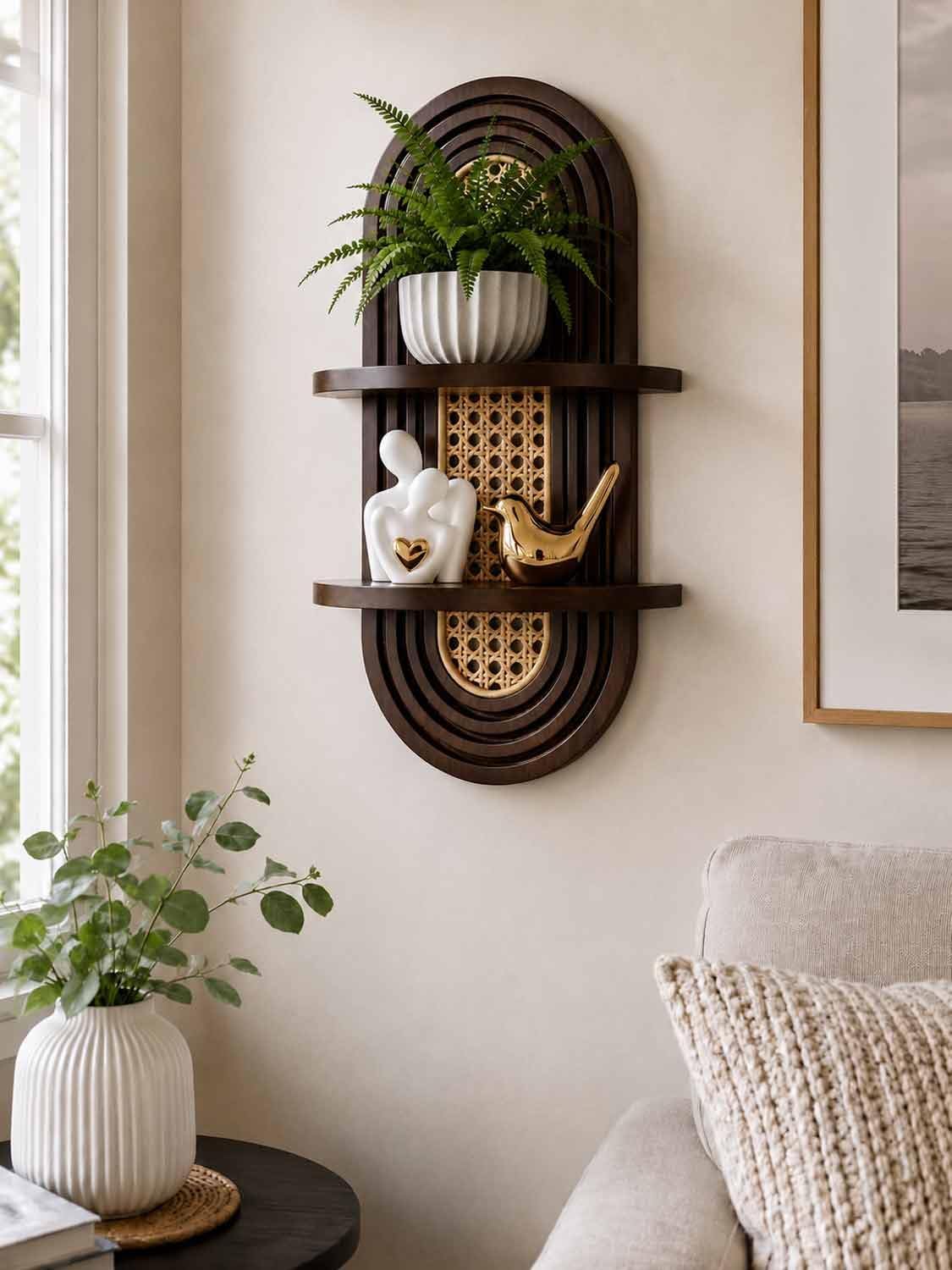 2-Tier Woven Rattan Floating Shelves / Walnut