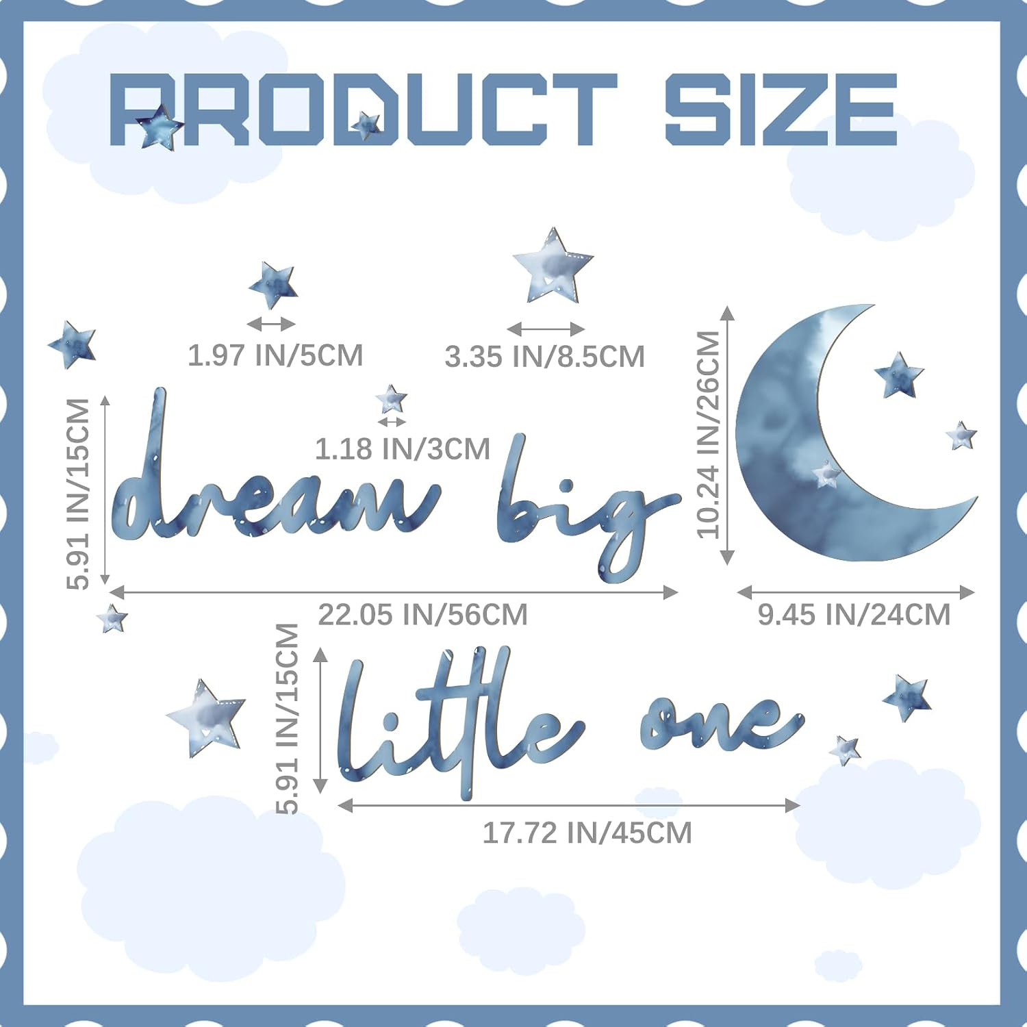 Moon and Stars Nursery Decor Dream Big Little One Wall Decor Boho Neutral / Blue / Set of 15