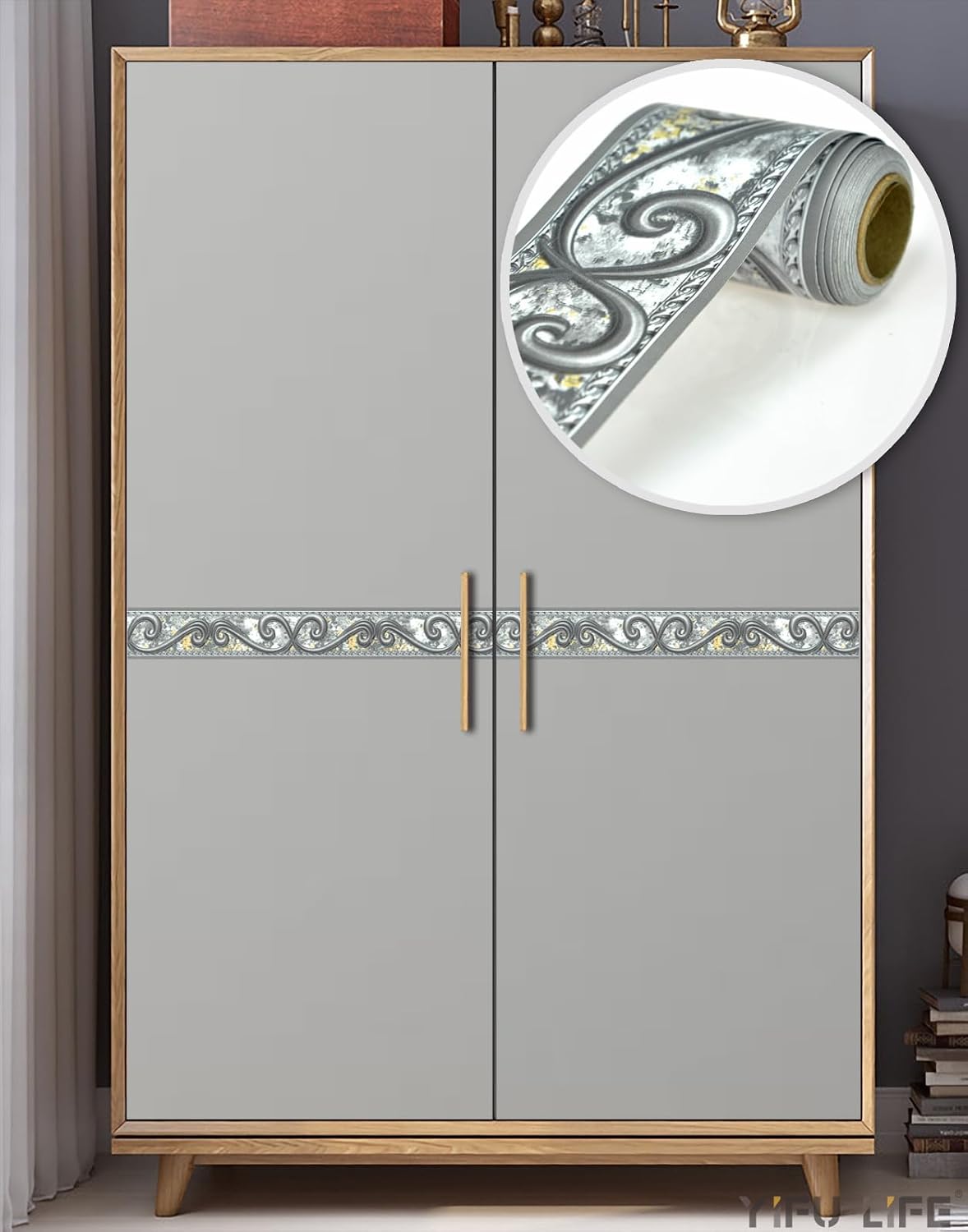 Abstract Curve Grey Removable Self Adhesive Wall Border Decorative Molding Tiles / 2 x 393.7 / Gray