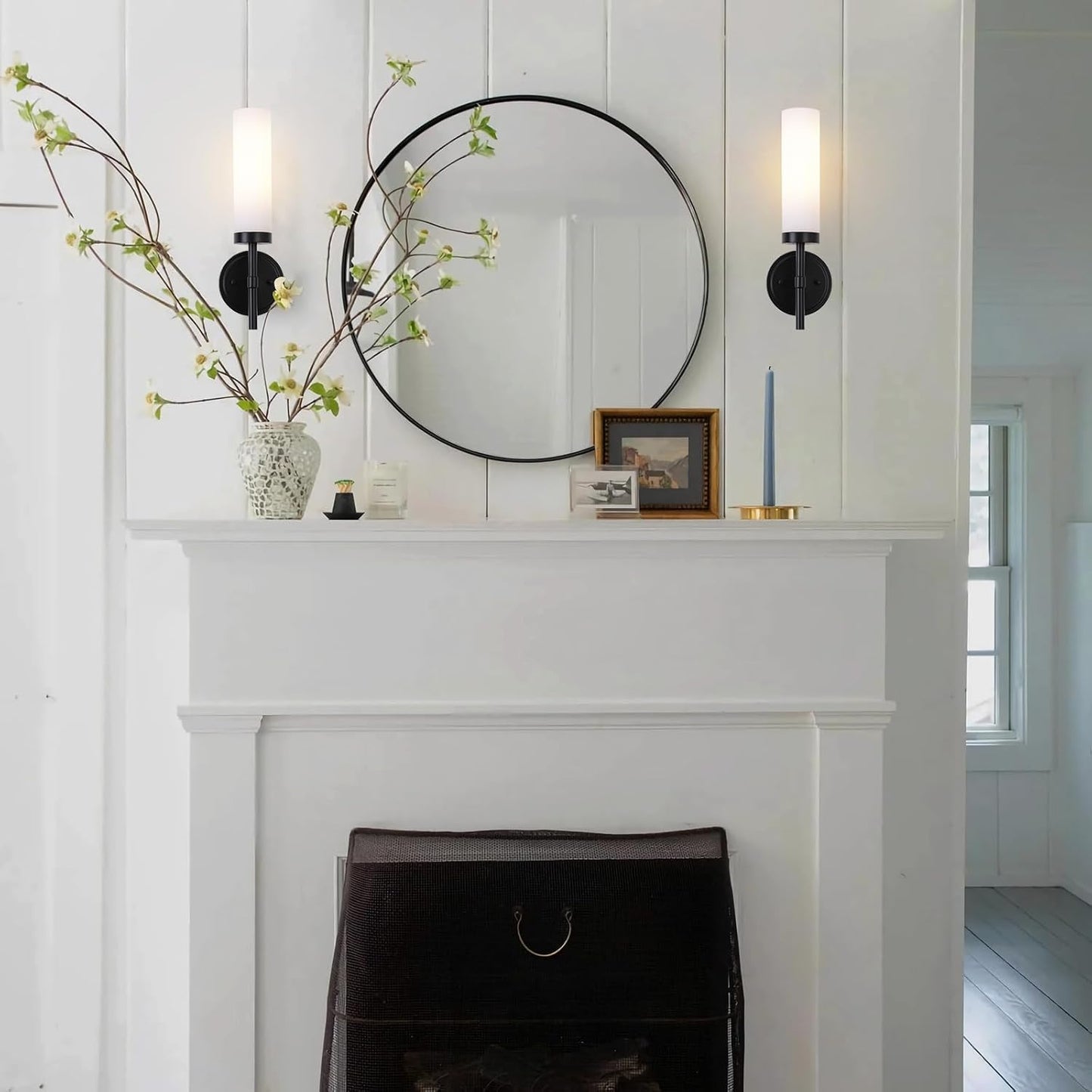 Black Bathroom Wall Sconces Set of 2, Modern Sconces Wall Lighting Vanity Lights with Opal White Glass Shade, Farmhouse