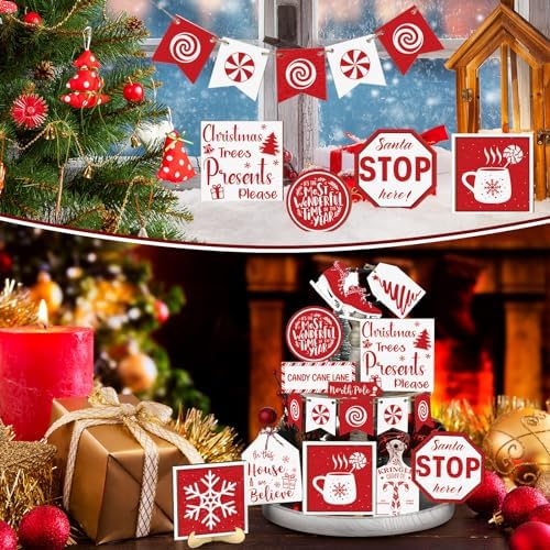 FairySandy 15 Pcs Christmas Tiered Tray Decor Rustic Christmas Decorations