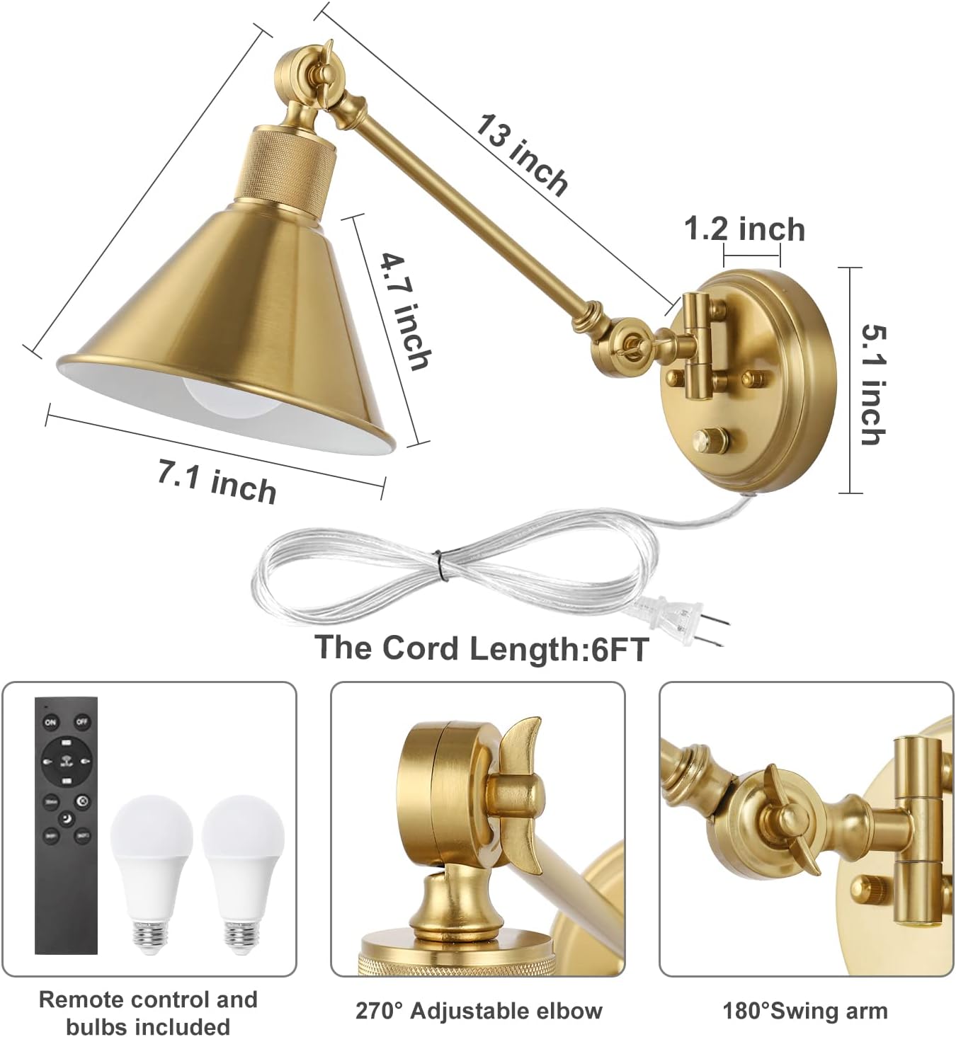 TRLIFE Dimmable Wall Sconce with Remote Control, Brushed Brass Plug in Wall Sconces Adjustable Color Temperature