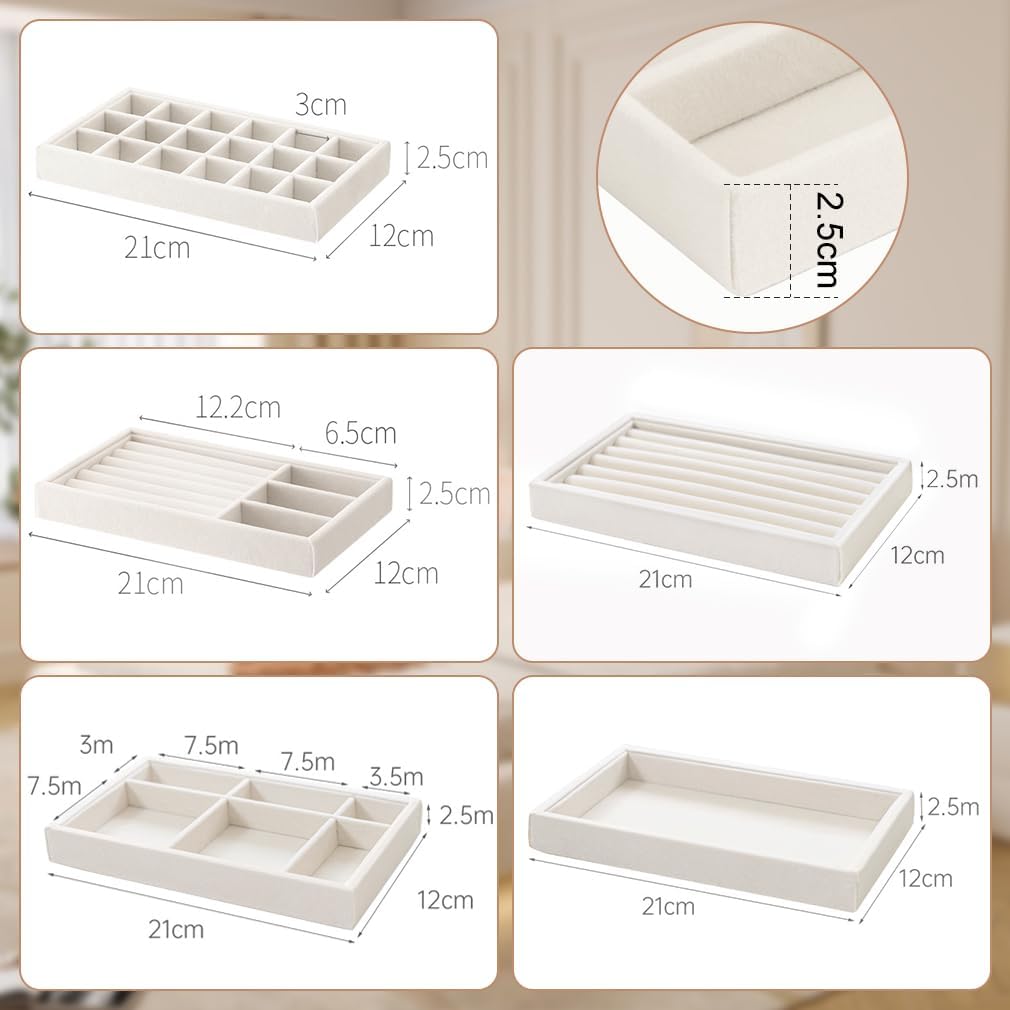 Jewelry Organizer Tray Drawer Inserts Stackable Velvet Liner Dividers / Beige / Set of 10