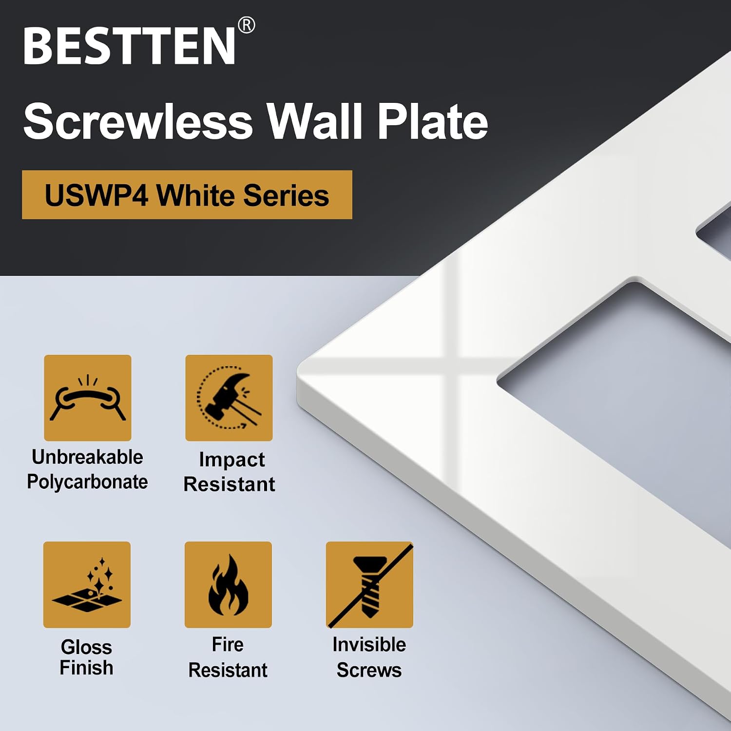 5 Pack BESTTEN USWP4 Off White Series 4-Gang Screwless Wall Plate, Decorator Outlet Cover, for Light Switch, Dimmer