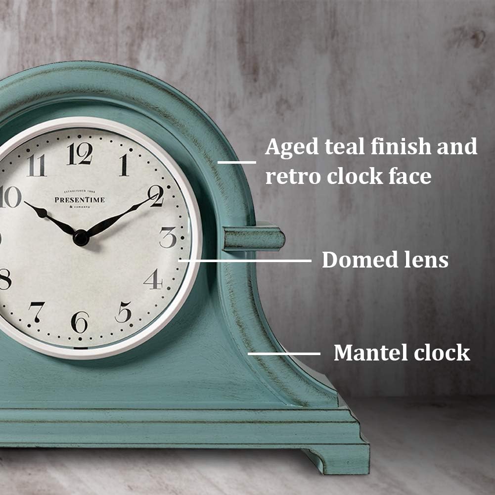 Napoleon Mantel, Desk & Shelf Clock, Vintage | 13 x 10 inch, Domed Lens, Quartz Movement, ABS Plastic Case, Aged Teal