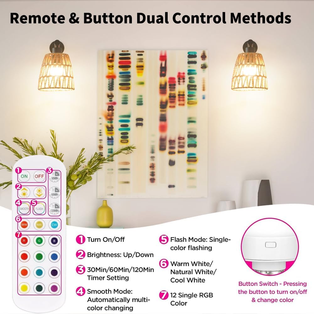 Boho Battery Operated Wall Sconces, Rattan Wall Sconce Set of 2 with Remote, RGB 15 Colors Dimmable Rechargeable Wall