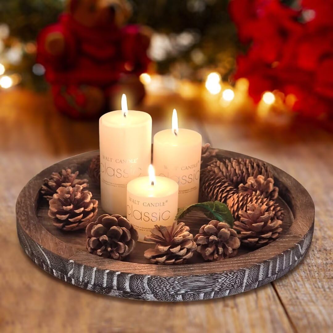 Round Decorative Wooden Serving Trays for Ottoman Coffee Table Tray / Washedwhite / Set of 12