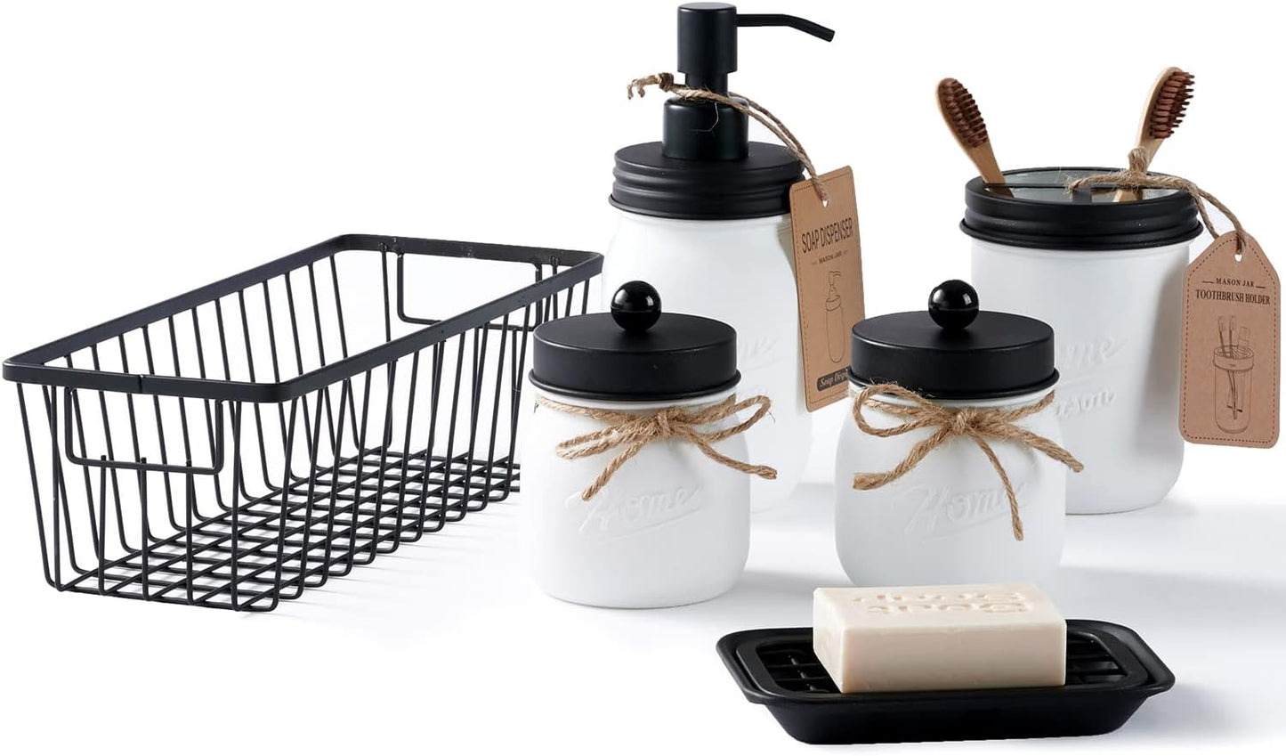 SheeChung Mason Jar Bathroom Accessories Set,6Pcs Rustic Bathroom Set,White | Glass Bathroom Accessory Set, Soap