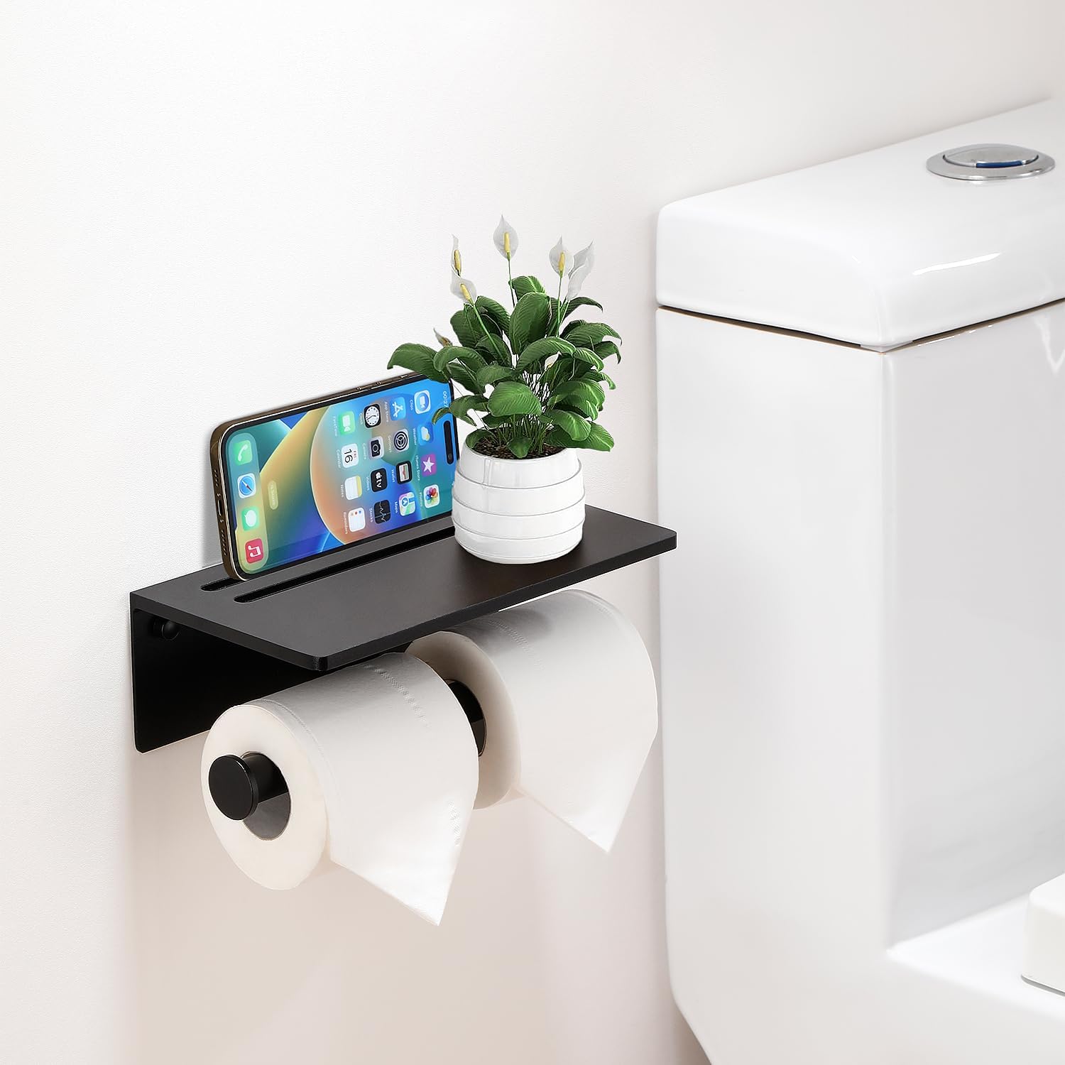 Toilet Paper Holder - Aluminium Double Roll Toilet Tissue Holder with Mobile Phone Shelf for Bathroom, 3M Self Adhesive