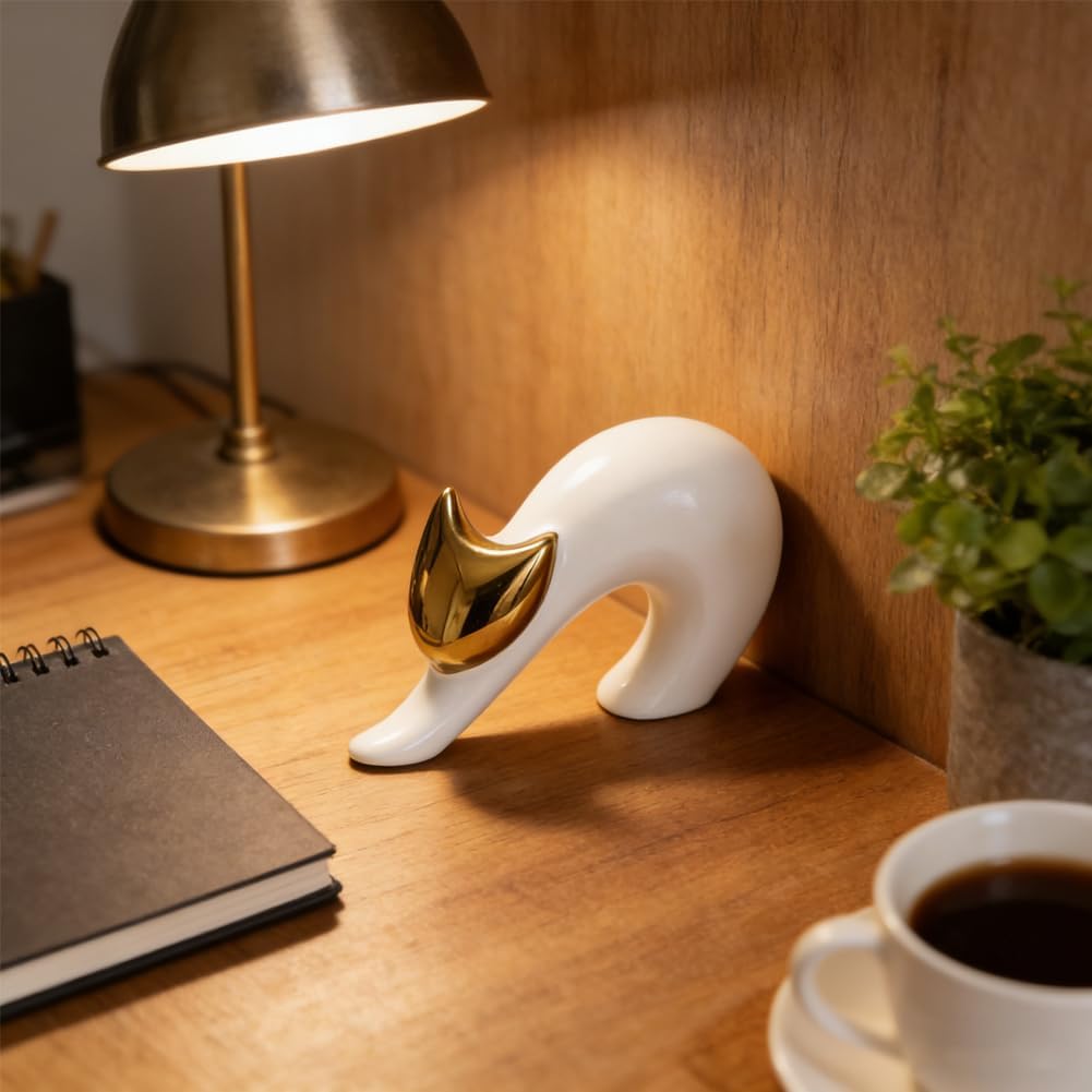 Cat Statues Home Decor White Ceramic Cat Figurine / White and Gold / 4.7in / 7.9 Inch