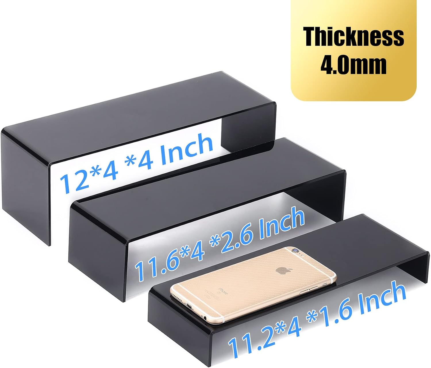 6Pcs Black Large Acrylic Risers, 2 Set(11.2”L~11.6”L~12”L) | Rectangular Showcase Collectibles Display Shelf, Retail