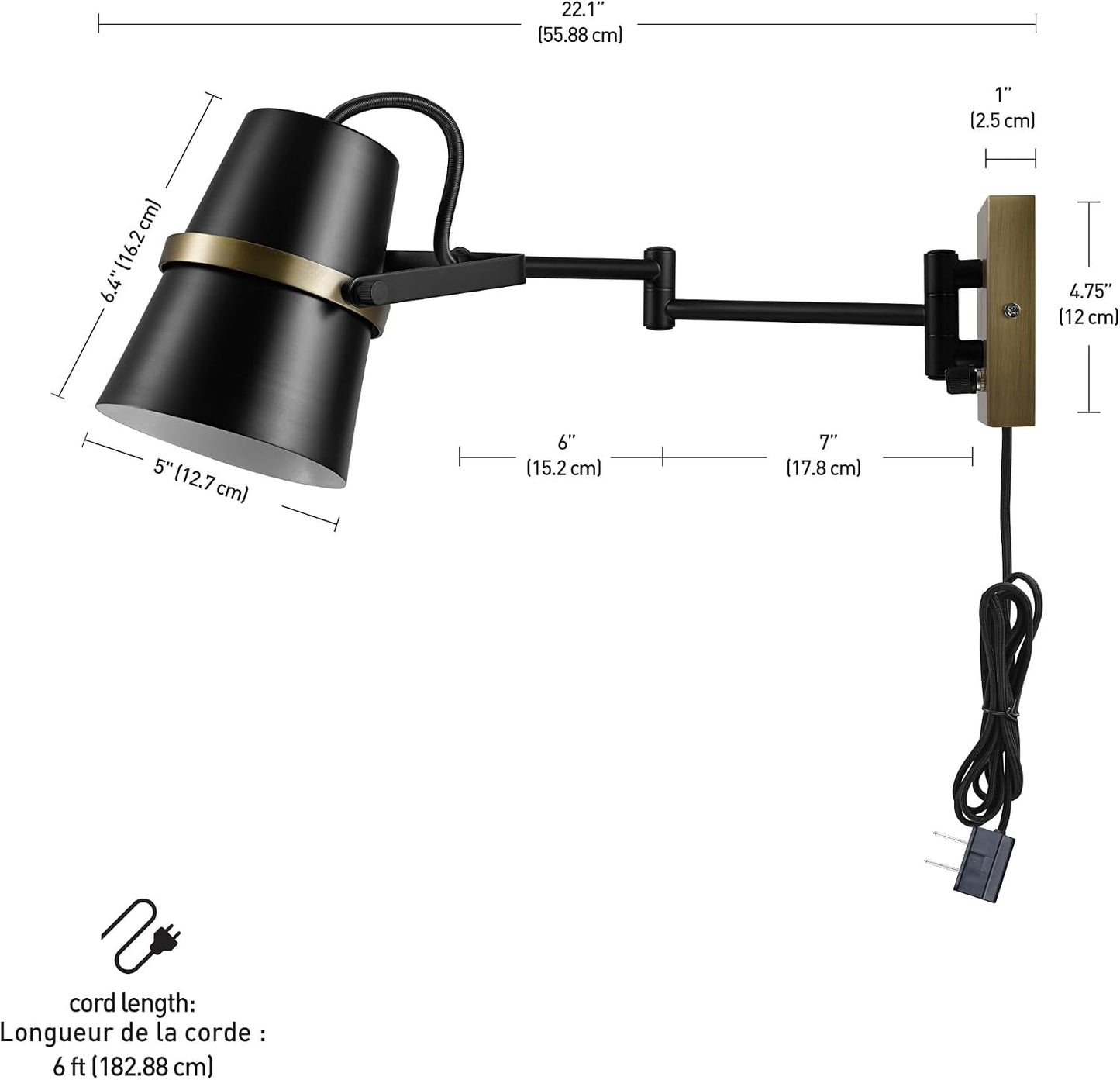 Globe Electric 51345 1-Light Plug-in or Hardwire Swing Arm Wall Sconce, Matte Black, Brass Accents, 6ft Woven Fabric