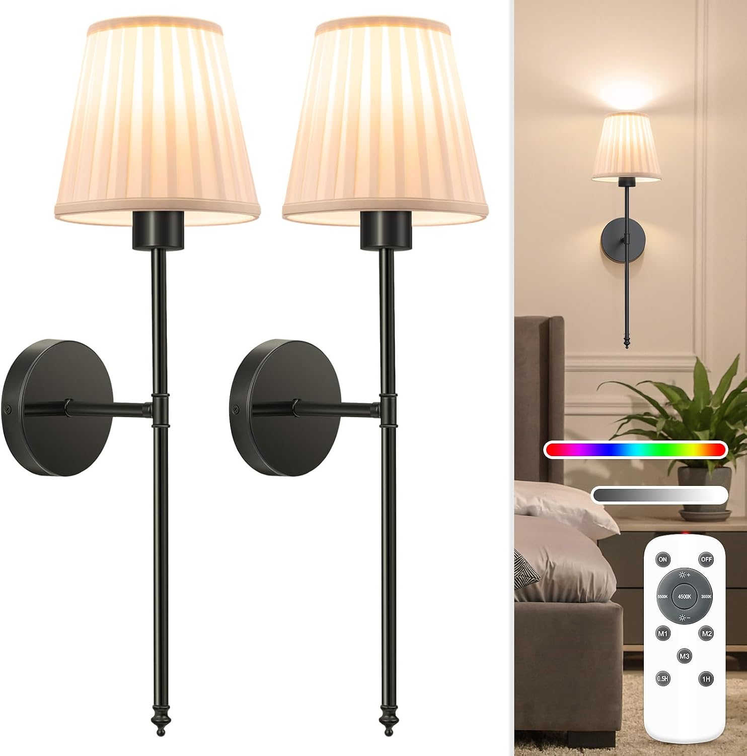NIORSUN Battery Operated Wall Sconce Set of 2,Beige-Black Rechargeable Wall Lights with 10400mAh Dimmable Bulbs and